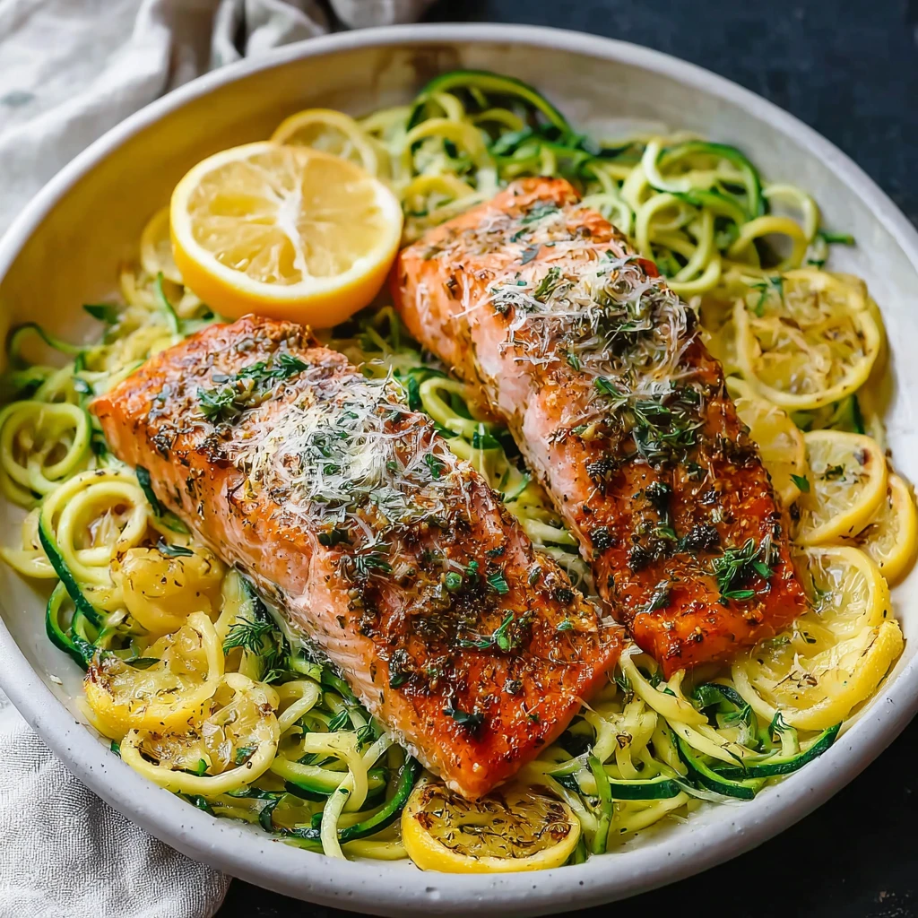 One Pan Lemon Garlic Butter Salmon Zucchini Noodles