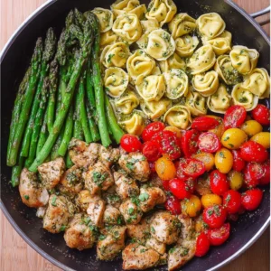 Spring and Summer DINNER: One-Pan Pesto Chicken, Tortellini, and Veggies, Asparagus, Tomatoes