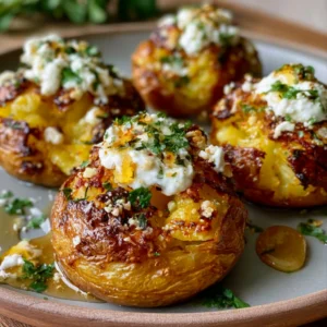 Crispy Parmesan Smashed Potatoes with Feta Cream and Honey