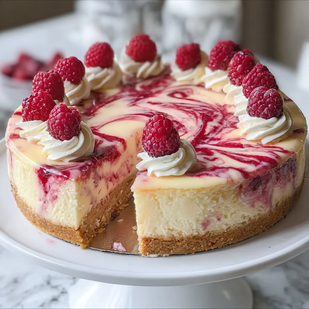 Elegant White Chocolate Raspberry Swirl Cheesecake