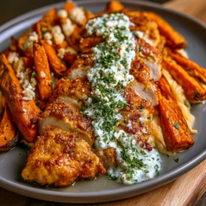 Golden Chicken Cutlets with Garlic Feta Cream & Sweet Potato