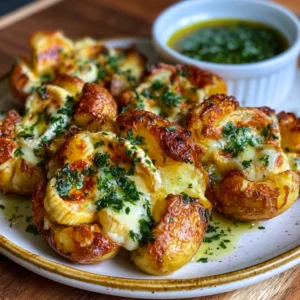 Golden Smashed Potatoes with Brie Fondue & Garlic Herb Oil