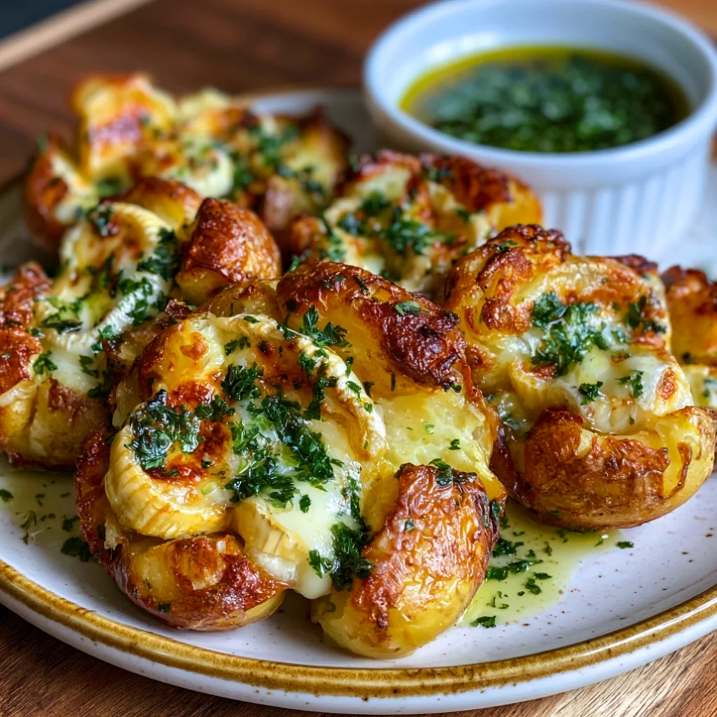 Golden Smashed Potatoes with Brie Fondue & Garlic Herb Oil