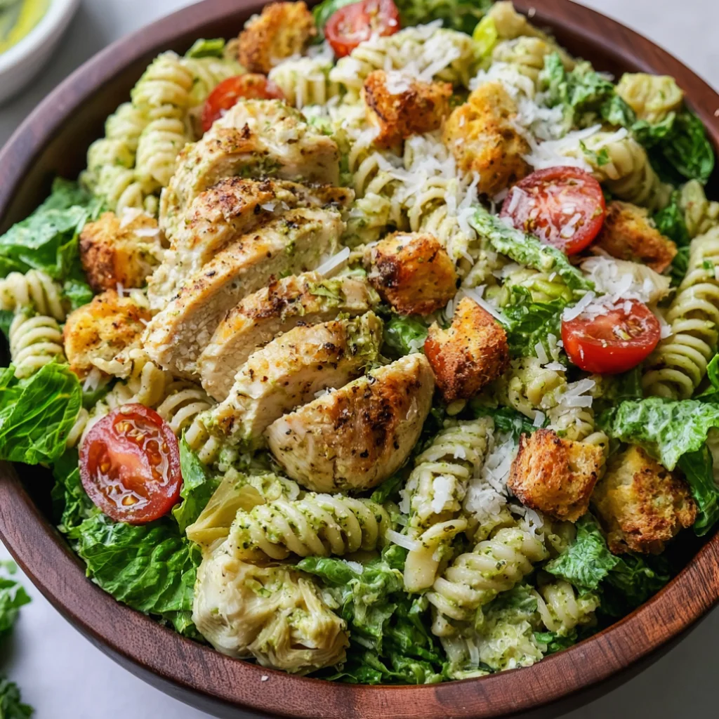 Pesto Chicken Caesar Pasta Salad